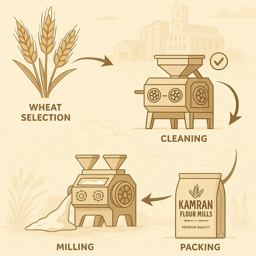How We Manufacture Kamran Flour Mills, flour manufacturer Pakistan, LalaMusa flour mill, premium wheat flour, chakki atta, suji, fine flour, Pakistani wheat products, established 1968